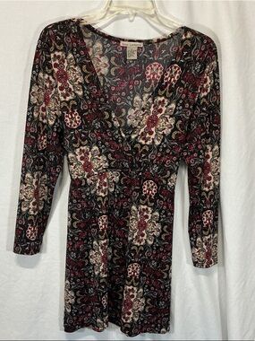 Susan Lawrence Black, Cream & Burgundy Floral Wrap Tunic